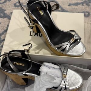 L'AGENCE Silver Metallic Leather Espadrille Wedge Sandals